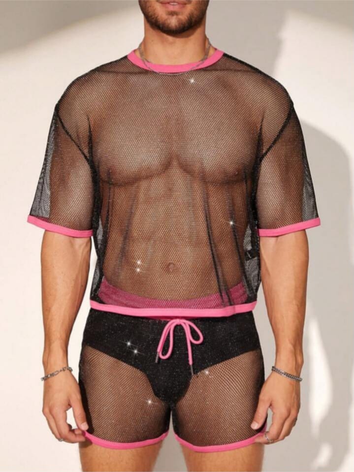 Men's Mesh Loose Fit Sexy Sleepwear T-shirt & Short Set3